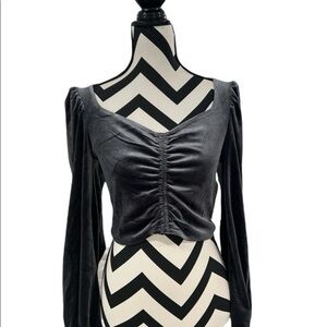 Meraki Velour Velvet Ruched Puff Long Sleeve Crop Top Slate Dark Grey XS